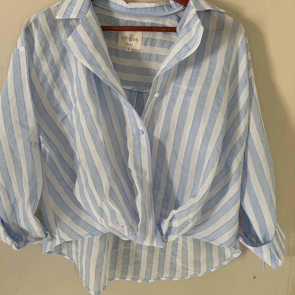Umgee Light Blue and White Striped Button-Up Shirt